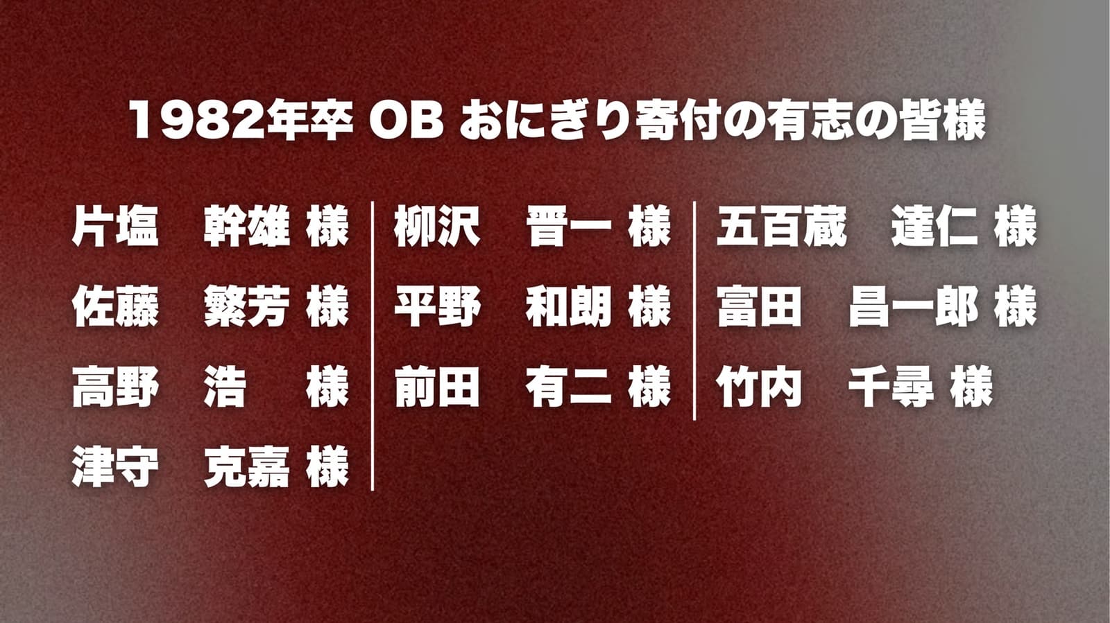 1982年卒OBのおにぎり寄付の有志の皆様のお名前